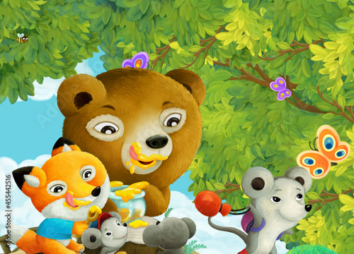 cartoon scene with park animal kids eating honey