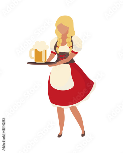 Oktoberfest girl carrying beer semi flat color vector character. Full body person on white. Wearing traditional dirndl dress isolated modern cartoon style illustration for graphic design and animation