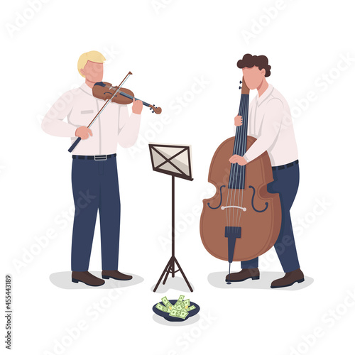 Violinist and cello player performance semi flat color vector characters. Full body people on white. Street musicians isolated modern cartoon style illustration for graphic design and animation