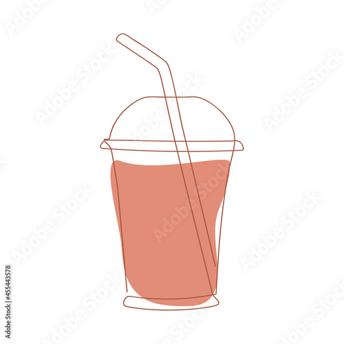 disposable clear plastic cup with lid and straw drawn by one solid continuous line on the background of an abstract spot of pink color on a white background