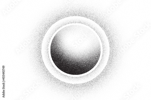 Dotwork 3D Spheres vector background. Sand grain effect. Black noise stipple dots. Abstract noise dotwork balls. Black dots grunge round elements. Stipple circles. Dotted vector spheres.