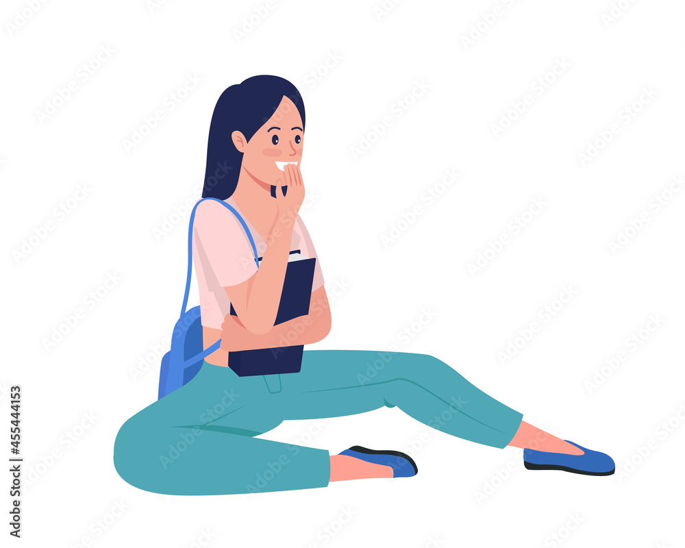 Laughing teen girl semi flat color vector character. Sitting figure. Full body person on white. Teenager isolated modern cartoon style illustration for graphic design and animation