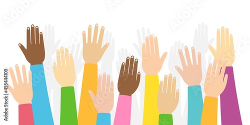 Raised hands volunteering background. Colorful hand up wave banner. People rights election. Inclusion and diversity culture equity. Volunteer social help. Inclusive solidarity union. Vector