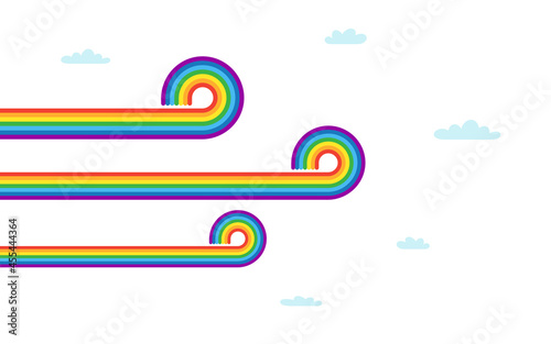 LGBT pride flag in sky. Rainbow pride wave shaped flag banner. Lesbian, gay and bisexual wave. Stop homophobia, pride day and LGBT rights rainbow in sky. Equity and diversity culture. Clouds vector