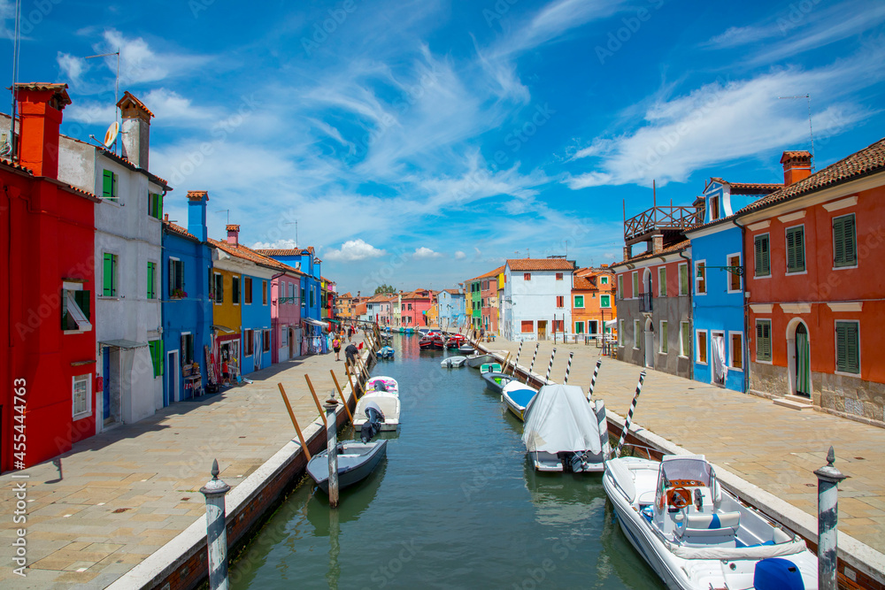 colorful houses at the island of Burano in lagoon of Venice, Italy