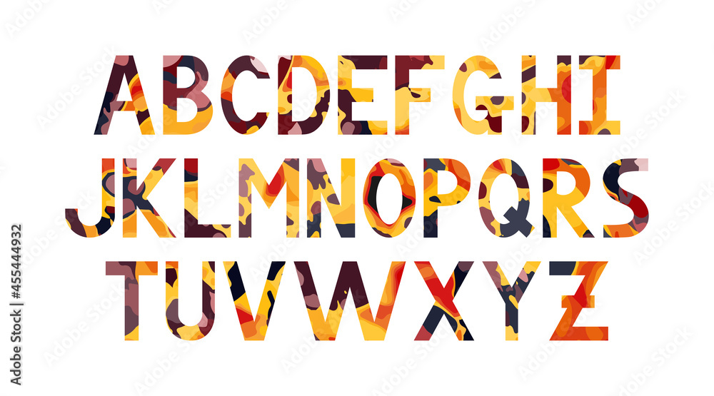 Abc letters for different design. Abc font.  Latin uppercase alphabet letters. Creative bright colors orange, yellow, red, violet, purple.