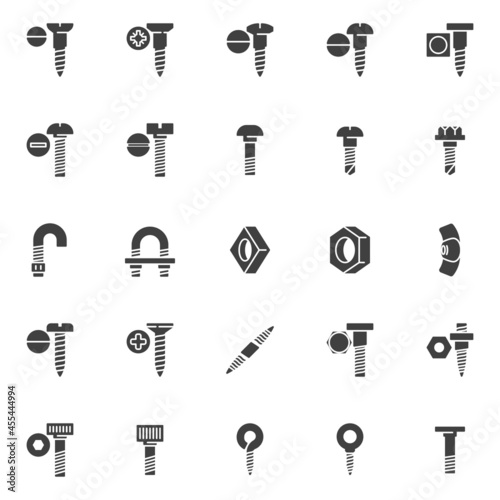 Types of screws vector icons set