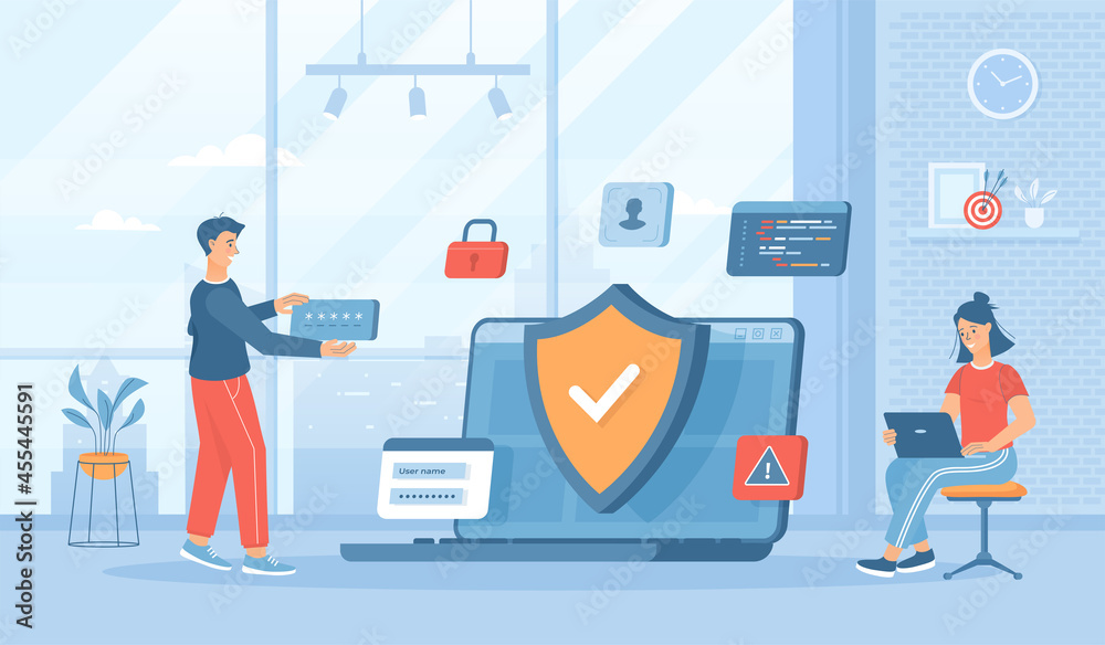 Network security, Cybersecurity, Protection of personal data. Online server protection system. Flat cartoon vector illustration with people characters for banner, website design or landing web page  