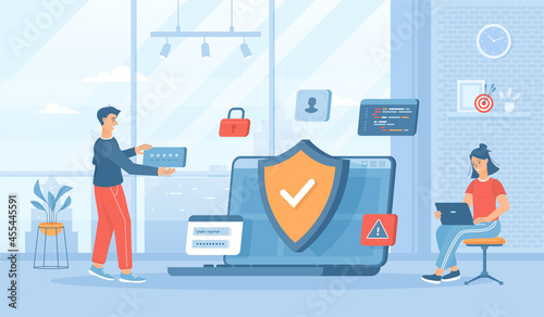 Network security, Cybersecurity, Protection of personal data. Online server protection system. Flat cartoon vector illustration with people characters for banner, website design or landing web page  