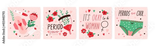 Lettering compositions about menstruation. Set of cards with quotes about female period with menstrual blood, panties, sanitary pad, tampon, reusable cup and flowers. Colored flat vector illustrations