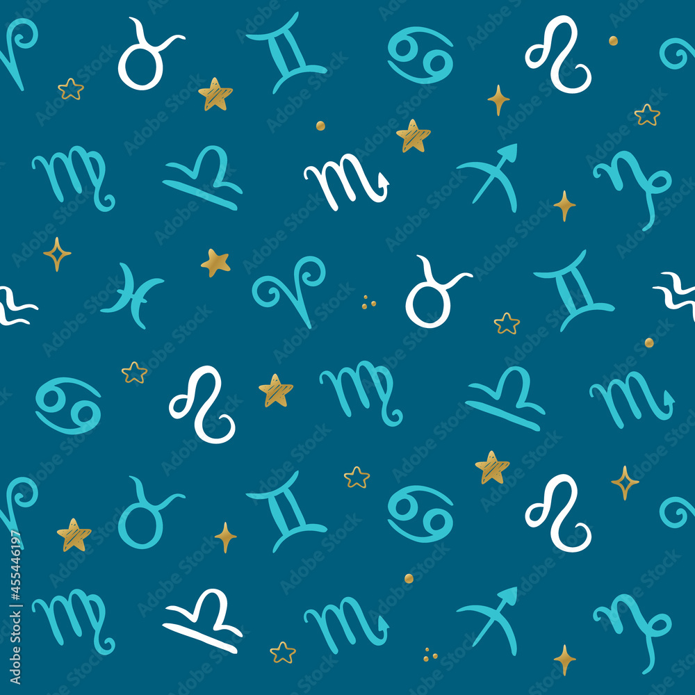 Horoscope symbols seamless pattern with hand drawn Zodiac Signs