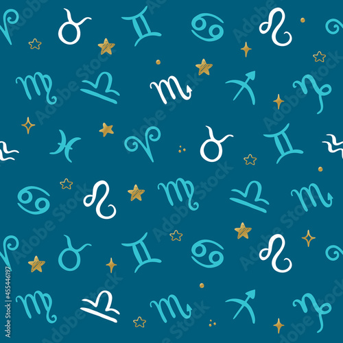 Horoscope symbols seamless pattern with hand drawn Zodiac Signs