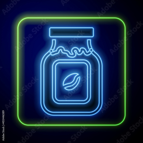 Glowing neon Coffee jar bottle icon isolated on blue background. Vector