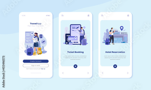 Onboard mobile screen with travel app illustration concept
