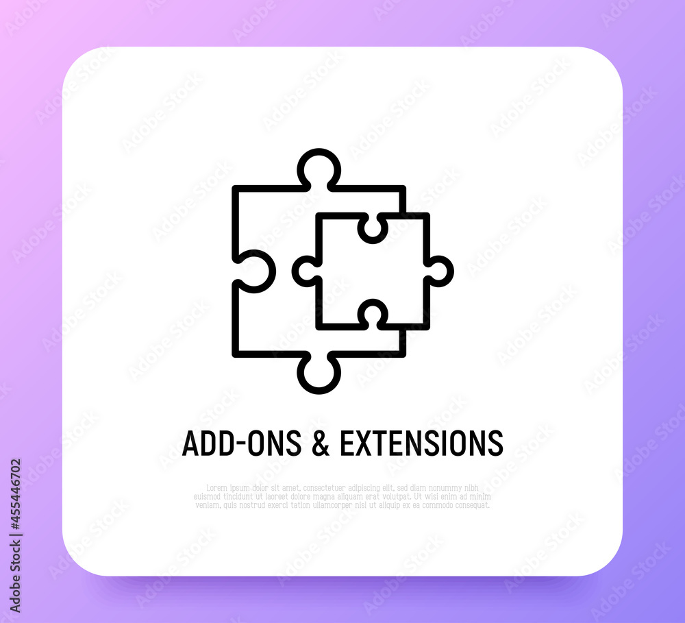 Add-ons and extensions. Browser add thin line icon, two details of puzzle. Modern vector illustration. - obrazy, fototapety, plakaty 