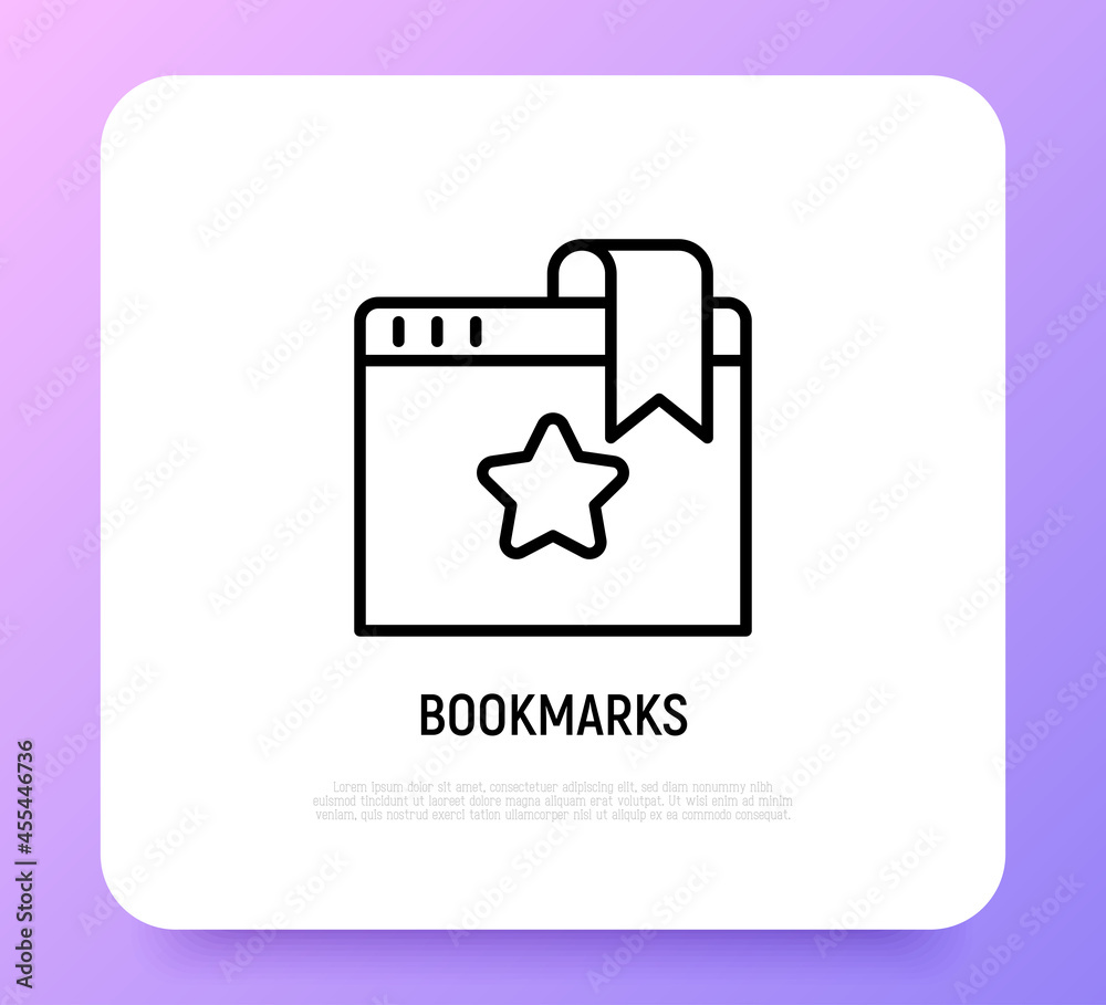Bookmark on web page thin line icon. Modern vector illustration for favorite web site. Bookmark on web page thin line icon. Modern vector illustration for favorite web site.