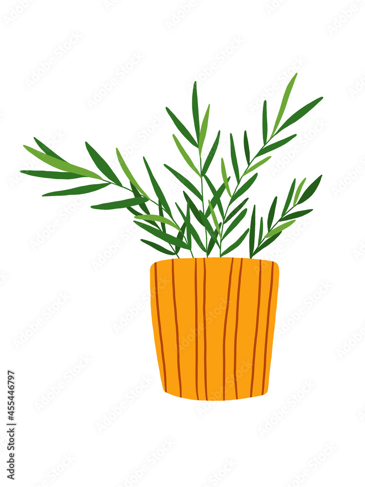 drawn house plant in mustard color pot clip art. illustration isolated on white background. Green flower in a pot. House plant clipart. Illustration | Adobe Stock