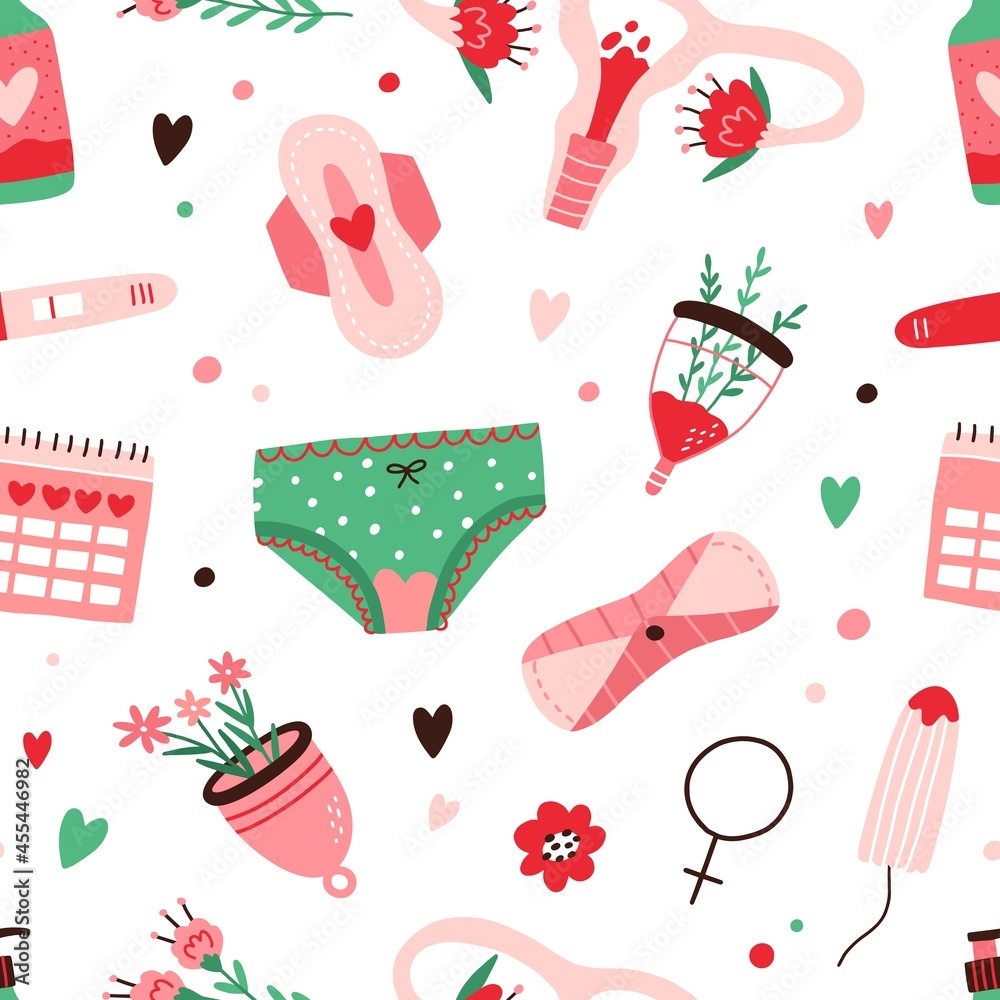 Seamless menstruation pattern with period blood, woman's panties, menstrual cup, reusable pad, tampon and uterus on white background. Repeating texture. Colored flat vector illustration for wrapping