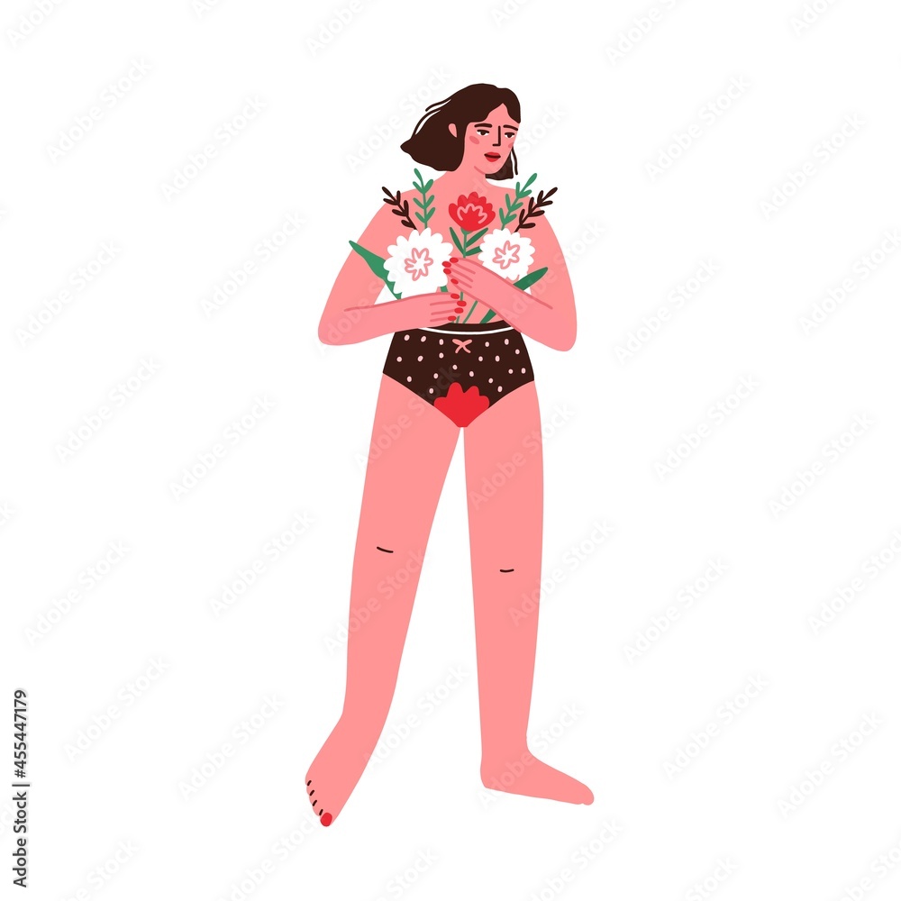 First menstruation and vaginal period bleeding concept. Girl in panties with blood stain and flowers. Menstrual cycle and puberty developing. Flat vector illustration isolated on white background First menstruation and vaginal period bleeding concept. Girl in panties with blood stain and flowers. Menstrual cycle and puberty developing. Flat vector illustration isolated on white background