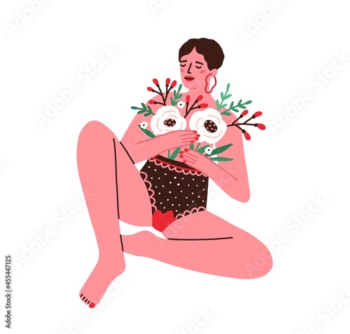 Menstruation bleeding and first period concept. Young woman with blood stain on panties and flowers. Female during menstrual cycle and puberty. Flat vector illustration isolated on white background