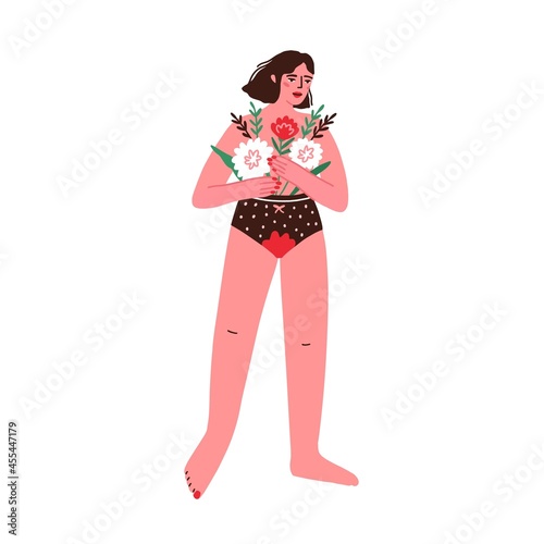 First menstruation and vaginal period bleeding concept. Girl in panties with blood stain and flowers. Menstrual cycle and puberty developing. Flat vector illustration isolated on white background