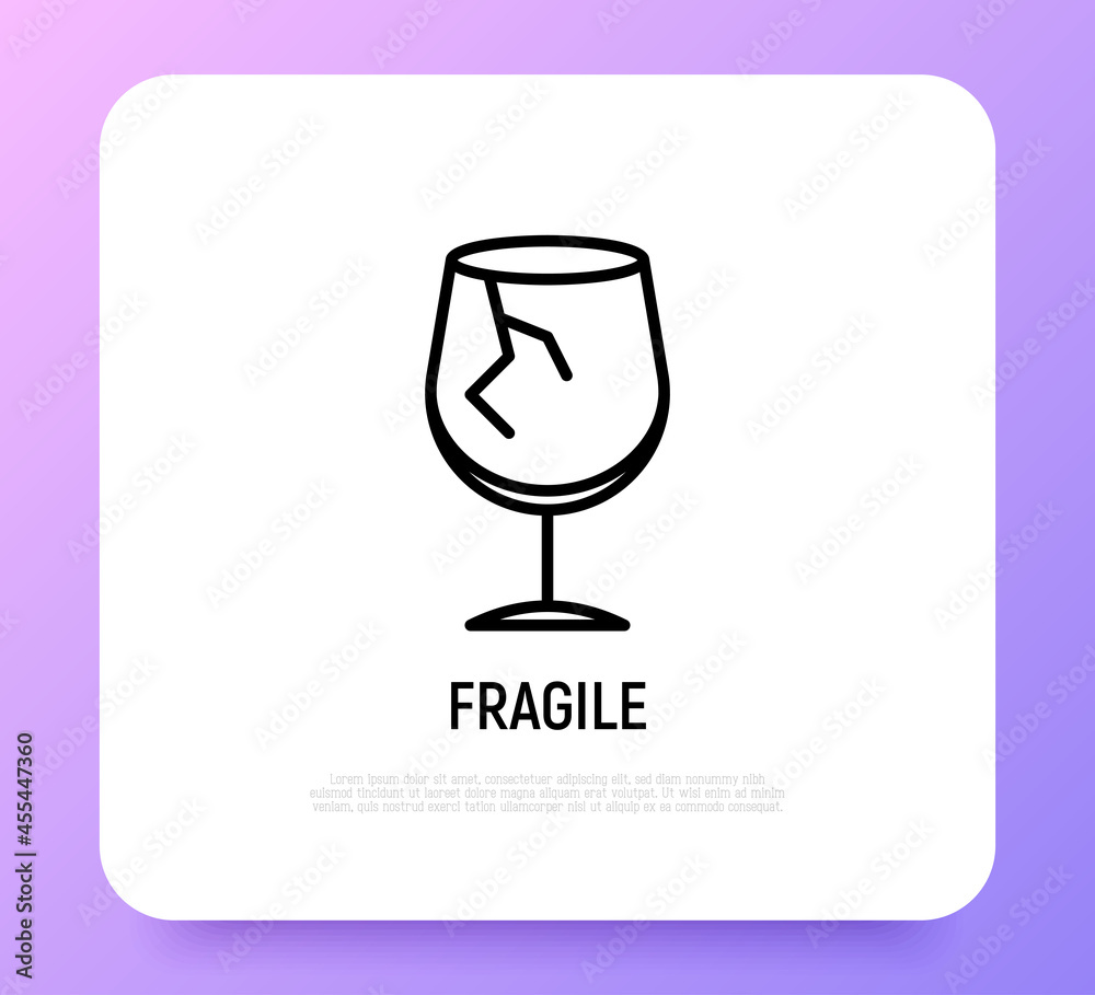 Fragile thin line icon, broken glass. Modern vector illustration for package sticker. Fragile thin line icon, broken glass. Modern vector illustration for package sticker.