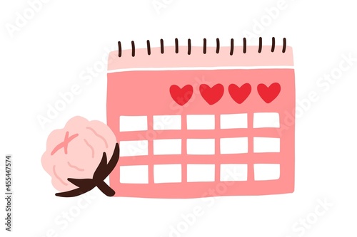 Menstrual calendar for menstruation control and pregnancy planning. Period schedule with marked days for woman and girl. Women cycle and PMS tracker. Flat vector illustration isolated on white