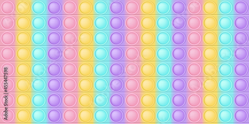 Pop it background a fashionable silicon toy for fidgets. Addictive anti-stress toy in pastel colors. Bubble sensory developing popit for kids fingers. Vector illustration in rectangle format suitable