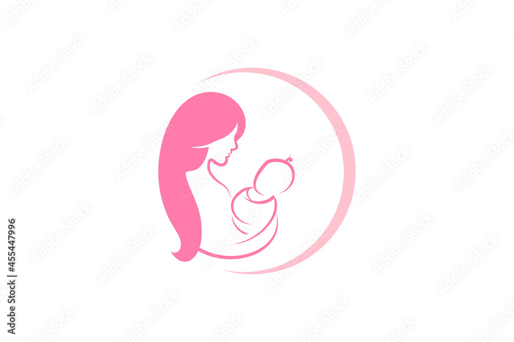 Mother and baby logo vector symbol. Mom hugs her child logo template