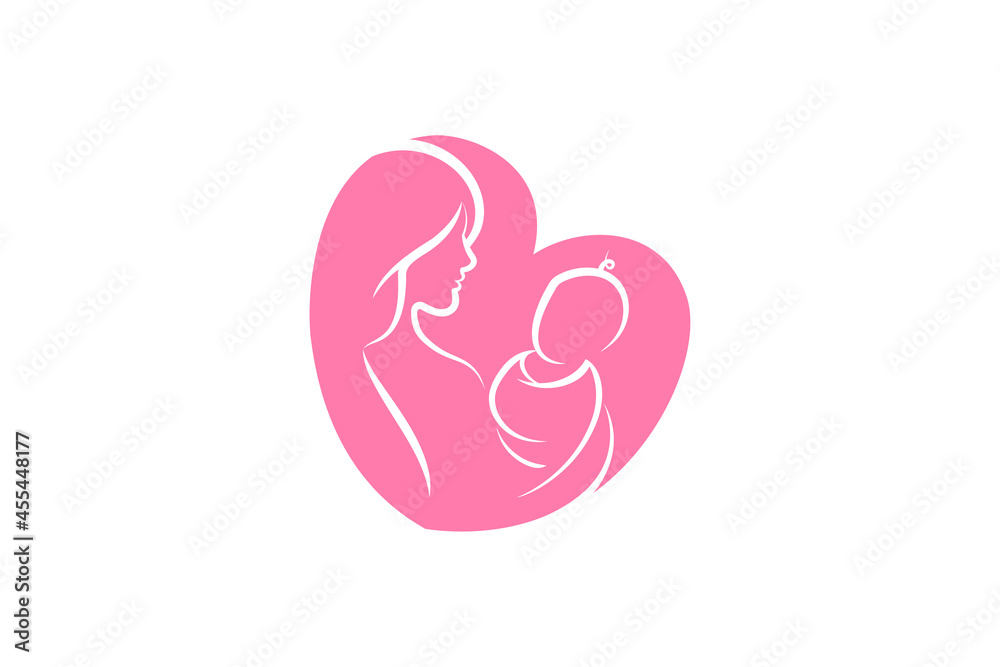 Mother and baby logo vector symbol. Mom hugs her child logo template