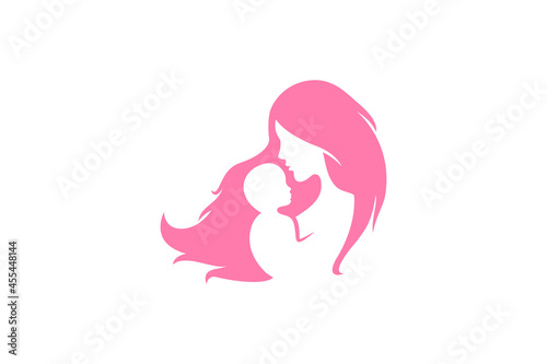 Mother and baby logo vector symbol. Mom hugs her child logo template