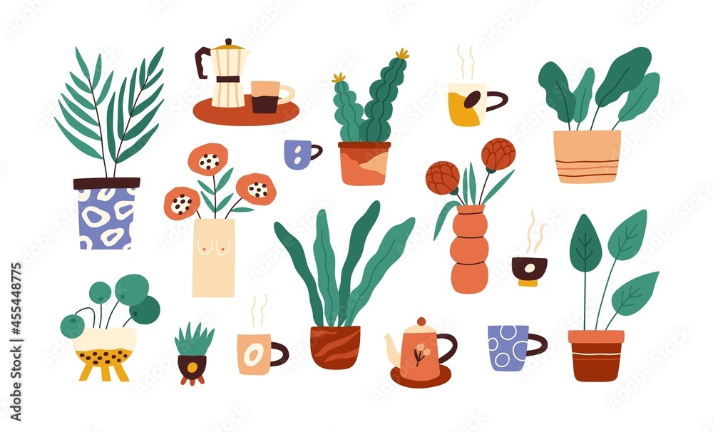 Set of house plants in pots and flowers in vases. Indoor houseplants with leaf growing in flowerpots and planters. Home interior foliage decor. Flat vector illustration isolated on white background