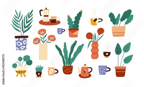 Set of house plants in pots and flowers in vases. Indoor houseplants with leaf growing in flowerpots and planters. Home interior foliage decor. Flat vector illustration isolated on white background