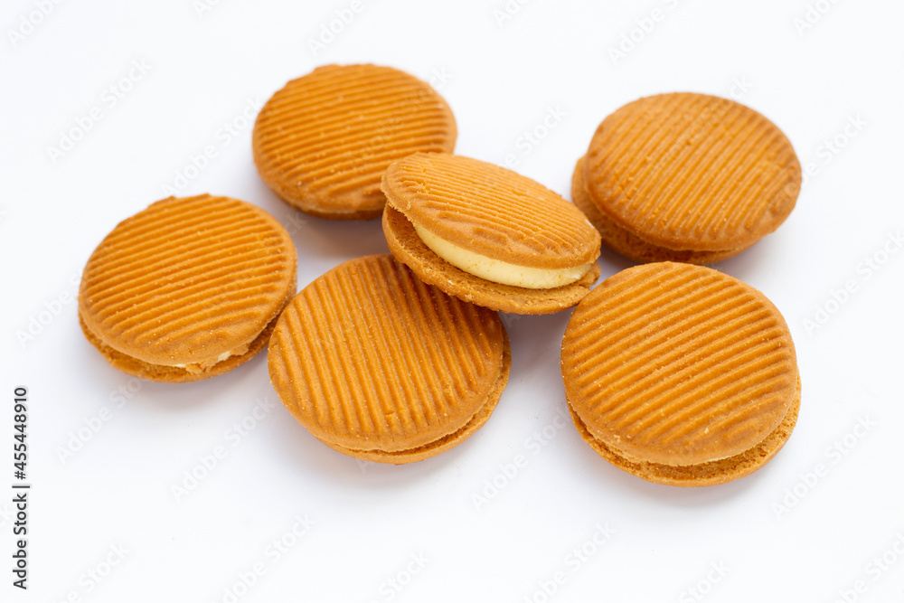 Custard cream sandwich biscuits on white background. Custard cream sandwich biscuits on white background.
