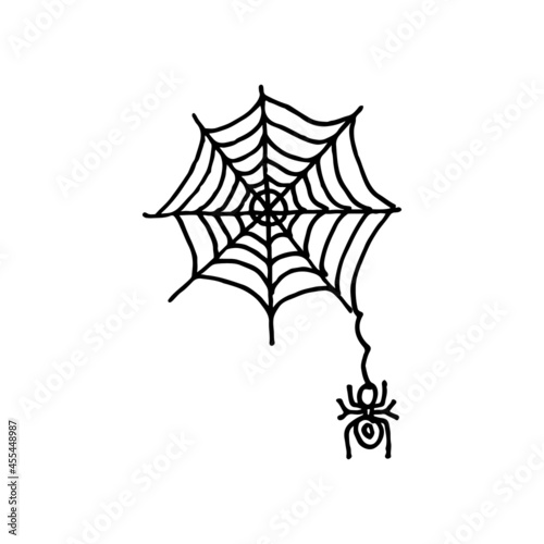 Spider weaves a web on white background. Halloween. Hand drawn illustrations. Doodle style.