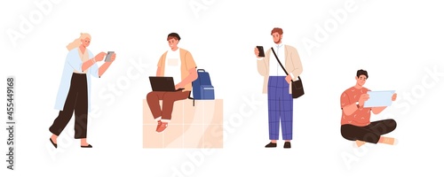 Set of people using different gadgets. Man and woman are online with smartphone, laptop, tablet PC, mobile phone. Male and female Internet users. Flat vector illustration isolated on white background