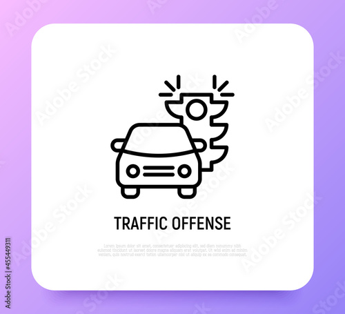 Traffic offence thin line icon: car is riding on red traffic light. Modern vector illustration.