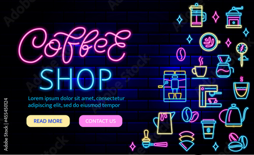 Coffee shop neon banner for web site. Bright flyer. Espresso coffee machine neon light icon. Vector illustration