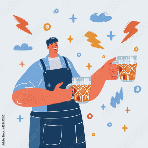 Vector illustration of tthe bartender with two mugs of beer