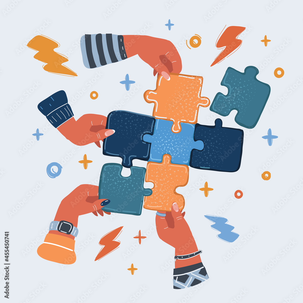 Vector illustration of team making a puzzle. A hand puts proper puzzle. Vector illustration of team making a puzzle. A hand puts proper puzzle.