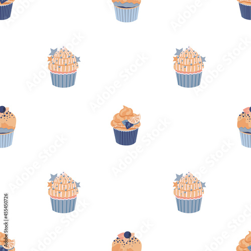Blue cupcake. Seamless pattern with muffins. Cute childisn print in light pastel colors. Vector illustration with sweet dessert