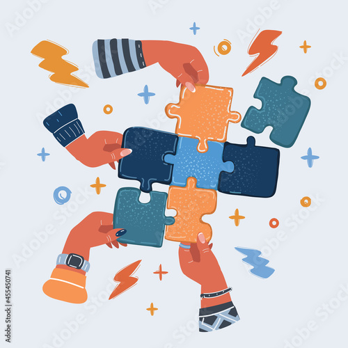 Vector illustration of team making a puzzle. A hand puts proper puzzle.