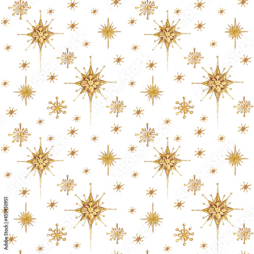 Stars seamless pattern. Star of Bethlehem. Watercolor illustration.