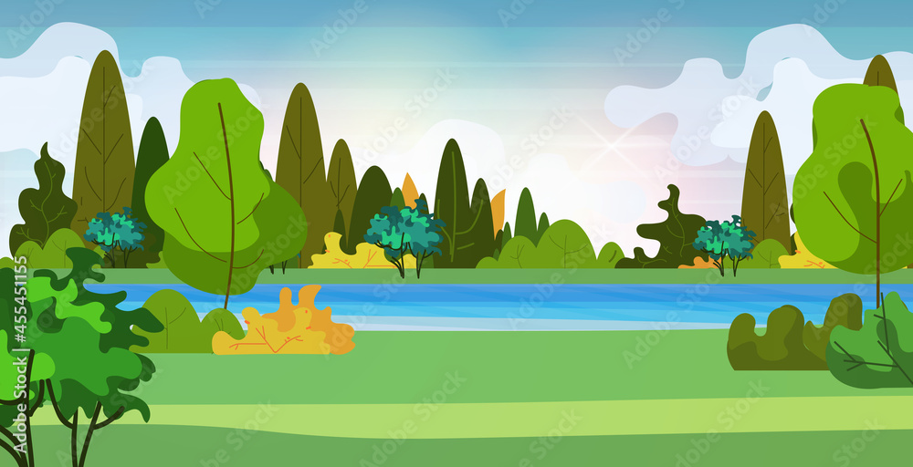 beautiful scenery in nature of river with trees around summer landscape background