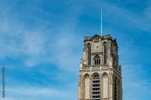 Detail of the church tower of the Grote- or Sint Laurenskerk with the coat of arms of Rotterdam, Zuid-Holland Province, The Netherlands photo