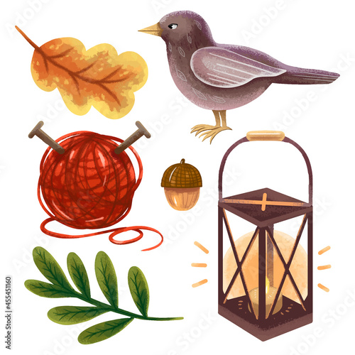 a set of autumn illustrations in procreate leaves, a bird, a lantern, an acorn, a ball of knitting thread, cozy, homely, hugge