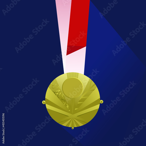 Gold medal with red ribbon on blue background, vector illustration