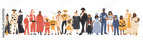 Happy Halloween banner. People in different costumes.