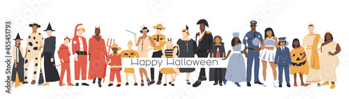 Happy Halloween banner. People in different costumes.