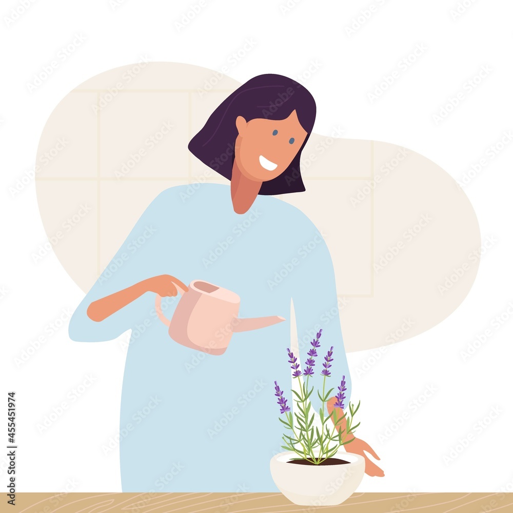 Smiling girl watering room plant in pot at home. Caucasian Woman with watering can takes care of domestic plants. Home gardening, growing flowers hobby Indoor hobby. Cartoon flat vector illustration. Smiling girl watering room plant in pot at home. Caucasian Woman with watering can takes care of domestic plants. Home gardening, growing flowers hobby Indoor hobby. Cartoon flat vector illustration.